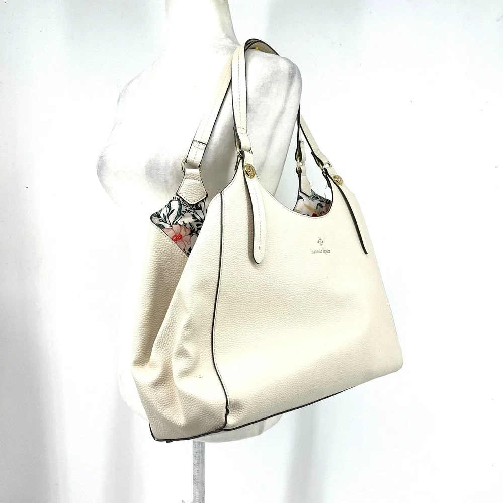 Nanette Lepore Cream Pebbled Leather Floral Lined Tote Bag‎ Shoulder Bag